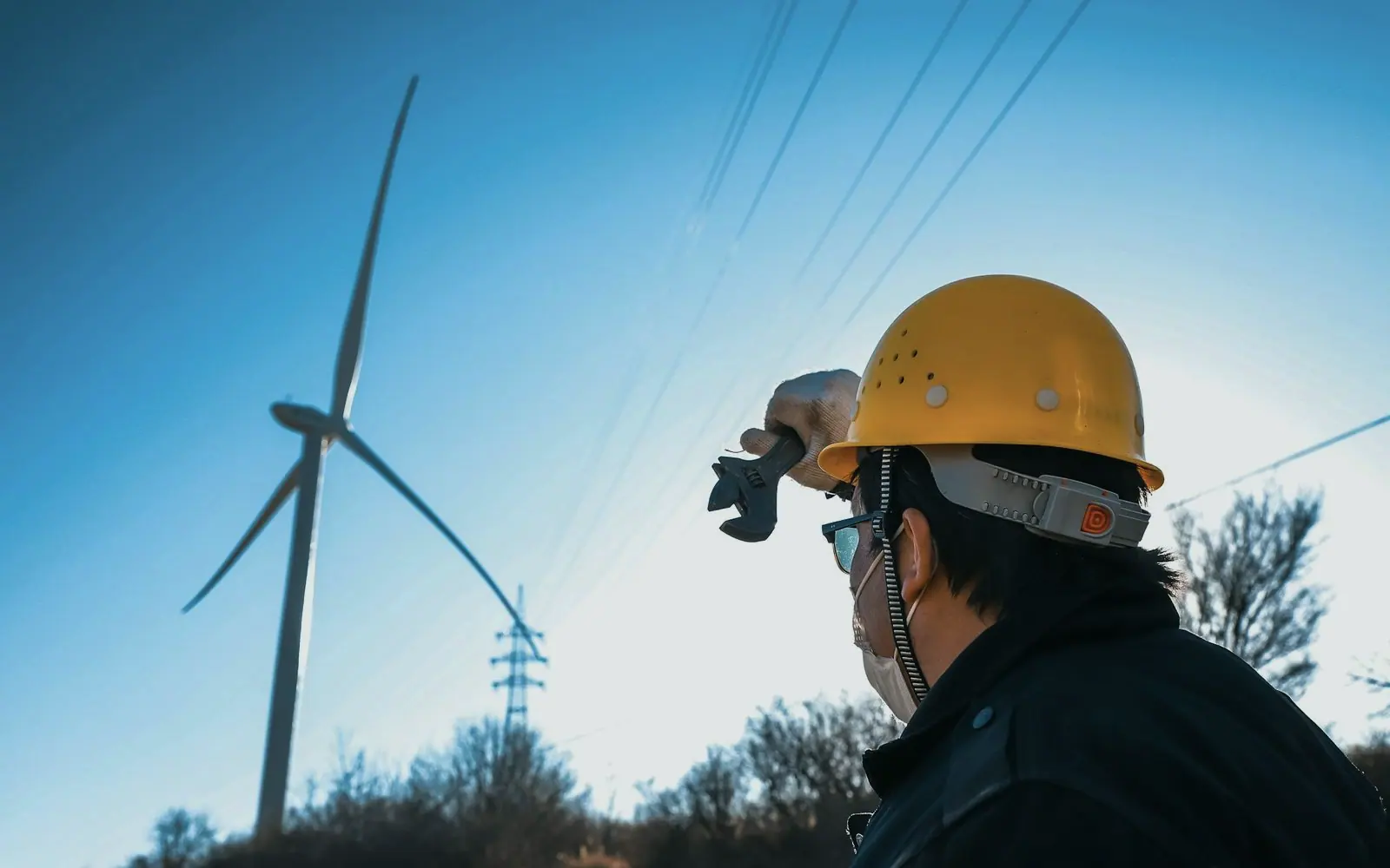 A technician in a yellow hard hat looking out at wind turbines